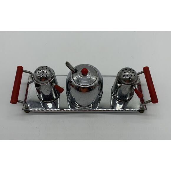 Vntg Occupied Japan chrome and bakelite minature condiment set Read 1940’s - Picture 2 of 6